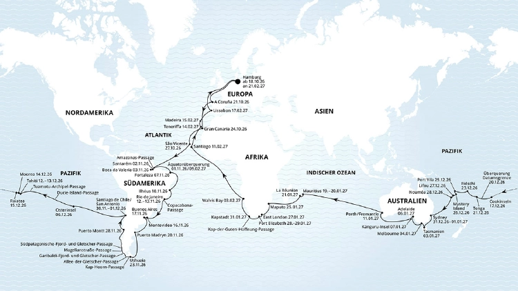 AIDAsol Weltreise 2026 Routenkarte AIDAsol Weltreise 2026 Routenkarte